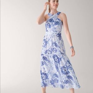 NWT WHBM Clip Dot Halter Midi Dress Sun Dress White Blue MSRP $180